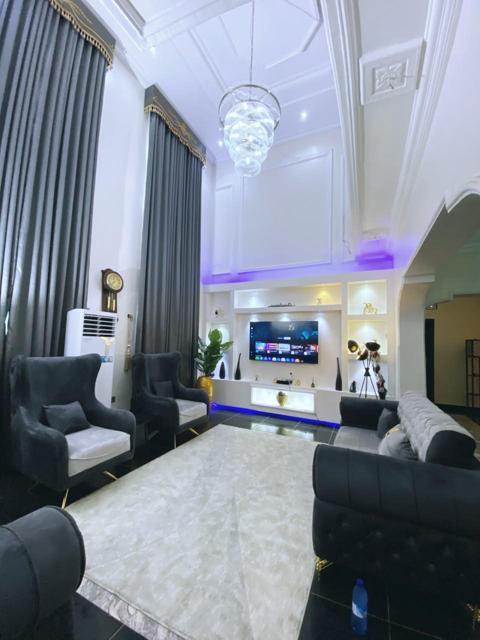 Grand living room with crystal chandelier